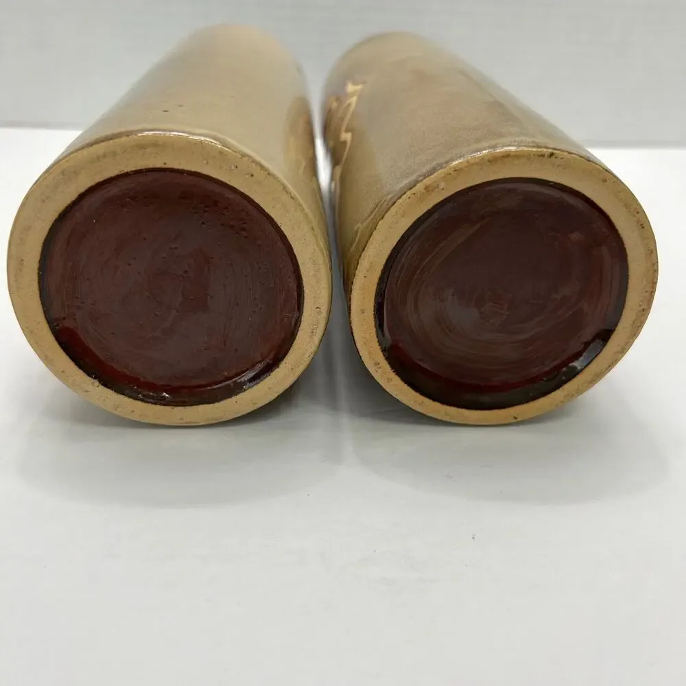 Vintage 1970's Art Pottery Tiki Cylinder Vases Embossed‎ Floral Motif Set of 2